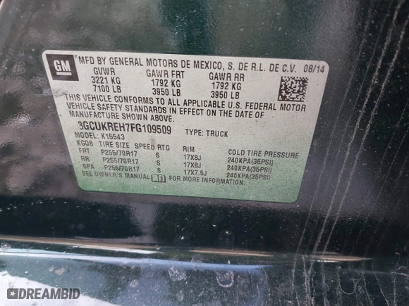 2015 Chevrolet Silverado 1500 LT with VIN 3GCUKREH7FG109509, listed as a IAAI auction lot 41303550 with 75,263 mi miles. Bid and sale history available at carsss.com. Image 9.