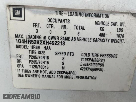 1999 Buick LeSabre Limited with VIN 1G4HR52K2XH492218, listed as a Copart auction lot 85612564 with 169,540 mi miles and Clean Title. Bid and sale history available at DreamBid. Image 10.