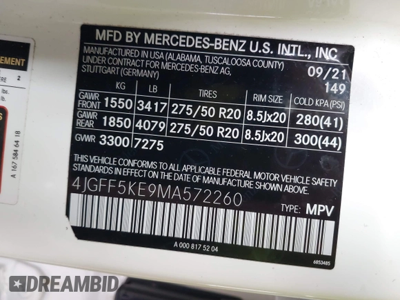2021 Mercedes-Benz GLS 450 z VIN 4JGFF5KE9MA572260, wystawiony jako IAAI lot #42287425 z przebiegiem 65 510 mil mil oraz . Historia ofert i sprzedaży dostępna na DreamBid. Obrazek 9.