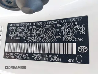 2017 Toyota Prius Two with VIN JTDKARFUXH3536565, listed as a IAAI auction lot 42374515 with 125,240 mi miles and . Bid and sale history available at DreamBid. Image 9.