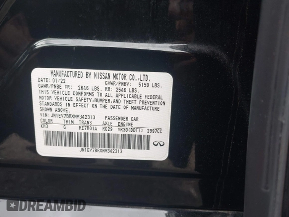 2022 Infiniti Q50 Luxe with VIN JN1EV7BRXNM342313, listed as a IAAI auction lot 42028864 with 28,093 mi miles and . Bid and sale history available at DreamBid. Image 9.
