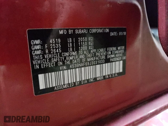 2018 Subaru Legacy Premium with VIN 4S3BNAF69J3031033, listed as a Copart auction lot 56477085 with 40,852 mi miles and Salvage title. Bid and sale history available at DreamBid. Image 13.