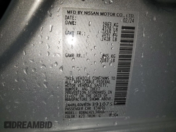 2024 Nissan Altima SV with VIN 1N4BL4DV6RN391075, listed as a Copart auction lot 62536375 with 31,190 mi miles and Clean title. Bid and sale history available at DreamBid. Image 12.