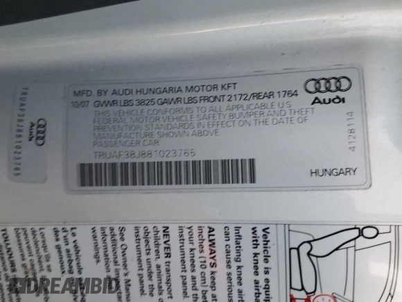 2008 Audi TT 2.0T with VIN TRUAF38J881023765, listed as a Copart auction lot 79484774 with 60,308 mi miles and Clean Title. Bid and sale history available at carsss.com. Image 12.