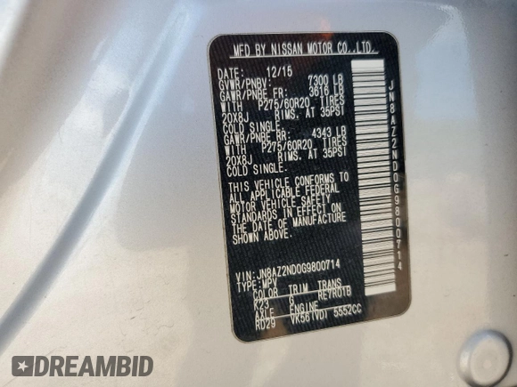 2016 Infiniti QX80 with VIN JN8AZ2ND0G9800714, listed as a Copart auction lot 56522445 with Not provided miles and Clean title. Bid and sale history available at DreamBid. Image 14.