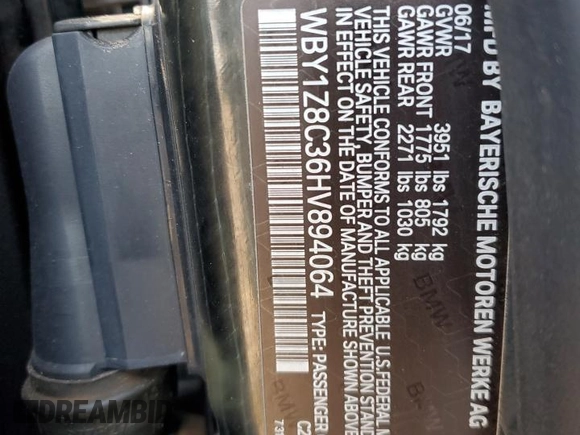 2017 BMW i3 z VIN WBY1Z8C36HV894064, wystawiony jako Copart lot #57879645 z przebiegiem Nie podano mil oraz Szkody całkowita. Historia ofert i sprzedaży dostępna na DreamBid. Obrazek 12.