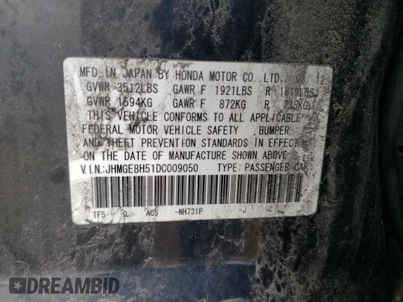 2013 Honda Fit Sport with VIN JHMGE8H51DC009050, listed as a Copart auction lot 53913855 with 207,199 mi miles and Salvage Title. Bid and sale history available at carsss.com. Image 12.