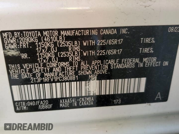 2023 Toyota RAV4 XLE with VIN 2T3P1RFV1PC380881, listed as a Copart auction lot 56160425 with 37,628 mi miles and Salvage title. Bid and sale history available at DreamBid. Image 13.