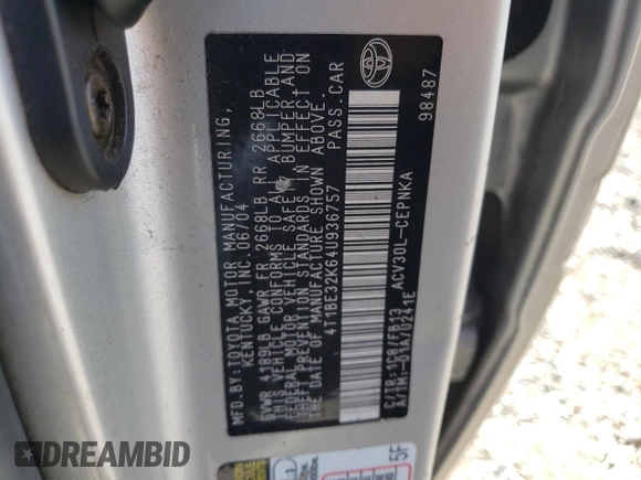 2004 Toyota Camry LE with VIN 4T1BE32K64U936757, listed as a Copart auction lot 49557205 with 232,417 mi miles and Salvage Title. Bid and sale history available at carsss.com. Image 12.