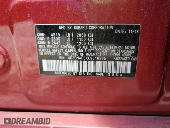2019 Subaru Legacy Premium with VIN 4S3BNAF6XK3016235, listed as a Copart auction lot 58318305 with 76,208 mi miles and Salvage title. Bid and sale history available at DreamBid. Image 13.