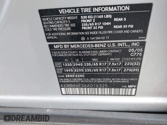 2006 Mercedes-Benz M 350 with VIN 4JGBB86E36A016325, listed as a IAAI auction lot 41931070 with 230,178 mi miles and . Bid and sale history available at DreamBid. Image 9.
