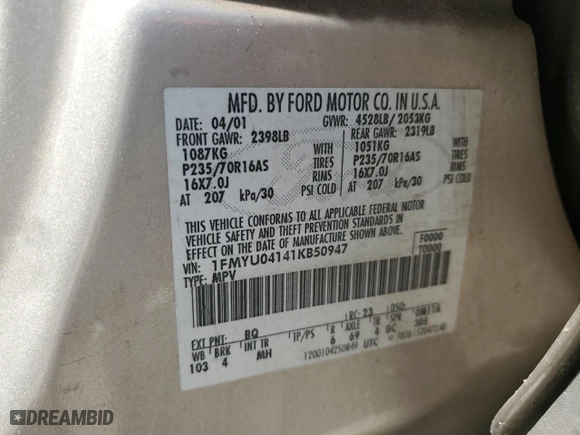 2001 Ford Escape XLT with VIN 1FMYU04141KB50947, listed as a Copart auction lot 47617995 with 132,962 mi miles and Salvage Title. Bid and sale history available at carsss.com. Image 15.