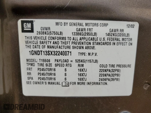 2003 Chevrolet TrailBlazer LS with VIN 1GNDT13SX32240071, listed as a Copart auction lot 52733205 with 193,683 mi miles and Salvage Title. Bid and sale history available at DreamBid. Image 13.