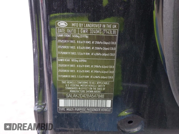 2011 Land Rover LR4 Lux with VIN SALAK2D42BA547848, listed as a IAAI auction lot 42357540 with 129,710 mi miles and . Bid and sale history available at DreamBid. Image 9.