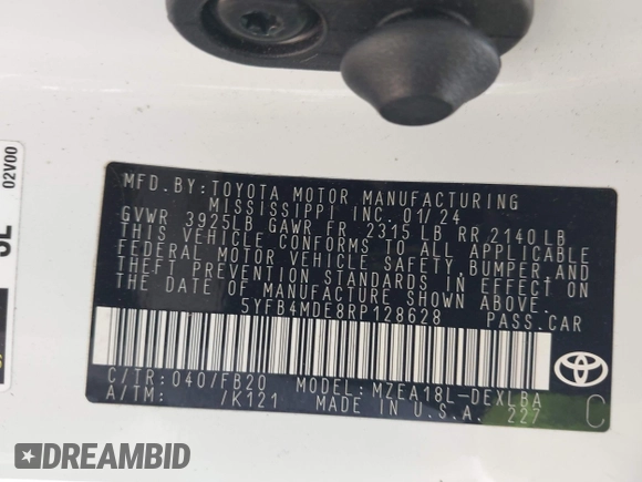 2024 Toyota Corolla LE with VIN 5YFB4MDE8RP128628, listed as a IAAI auction lot 42083196 with 37,634 mi miles and . Bid and sale history available at DreamBid. Image 9.