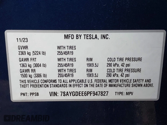 2023 Tesla Model Y Long Range with VIN 7SAYGDEE6PF947827, listed as a IAAI auction lot 41443524 with 12,381 mi miles and . Bid and sale history available at DreamBid. Image 9.