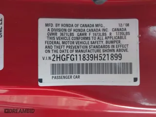 2009 Honda Civic Cpe EX with VIN 2HGFG11839H521899, listed as a IAAI auction lot 40613302 with 227,958 mi miles. Bid and sale history available at carsss.com. Image 9.