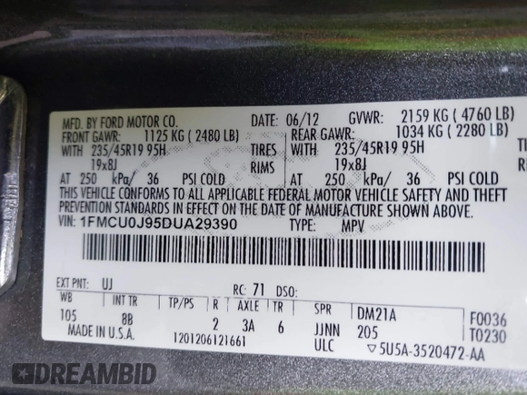 2013 Ford Escape Titanium with VIN 1FMCU0J95DUA29390, listed as a IAAI auction lot 42720269 with 147,413 mi miles and . Bid and sale history available at DreamBid. Image 9.