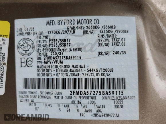 2005 Ford Freestar z VIN 2FMDA57275BA59115, wystawiony jako Copart lot #57058445 z przebiegiem 100 831 mil mil oraz Szkoda całkowita • Salvage title. Historia ofert i sprzedaży dostępna na DreamBid. Obrazek 13.