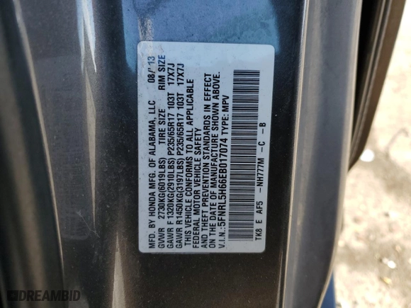 2014 Honda Odyssey EX-L with VIN 5FNRL5H66EB017074, listed as a Copart auction lot 51793265 with 123,245 mi miles and Clean Title. Bid and sale history available at carsss.com. Image 13.