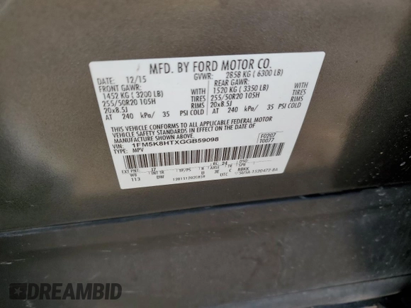 2016 Ford Explorer Platinum z VIN 1FM5K8HTXGGB59098, wystawiony jako Copart lot #54625405 z przebiegiem 99 465 mil mil oraz Szkoda całkowita • Salvage title. Historia ofert i sprzedaży dostępna na DreamBid. Obrazek 14.
