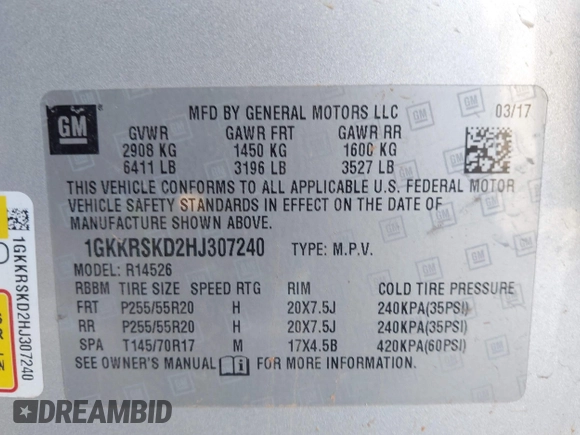 2017 GMC Acadia Limited z VIN 1GKKRSKD2HJ307240, wystawiony jako IAAI lot #42402371 z przebiegiem 197 483 mil mil oraz . Historia ofert i sprzedaży dostępna na DreamBid. Obrazek 9.