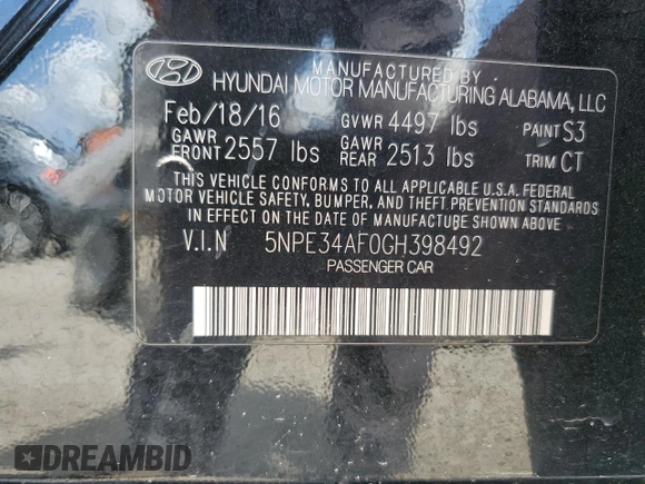 2016 Hyundai Sonata Sport with VIN 5NPE34AF0GH398492, listed as a Copart auction lot 55411575 with 103,736 mi miles and Salvage Title. Bid and sale history available at DreamBid. Image 12.