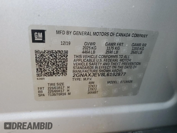 2020 Chevrolet Equinox LT z VIN 2GNAXJEV8L6192877, wystawiony jako Copart lot #49423165 z przebiegiem 76 156 mil mil oraz Szkoda całkowita • Salvage title. Historia ofert i sprzedaży dostępna na DreamBid. Obrazek 13.