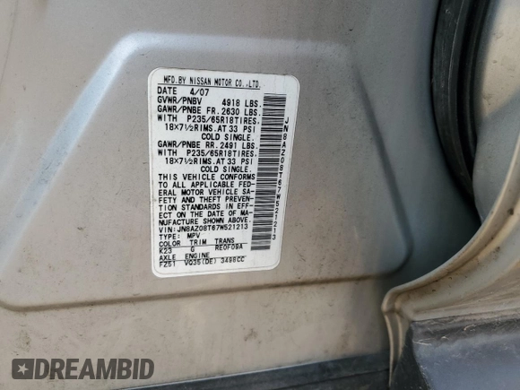 2007 Nissan Murano S z VIN JN8AZ08T67W521213, wystawiony jako Copart lot #49066855 z przebiegiem 168 745 mil mil oraz Szkoda całkowita • Salvage title. Historia ofert i sprzedaży dostępna na DreamBid. Obrazek 12.