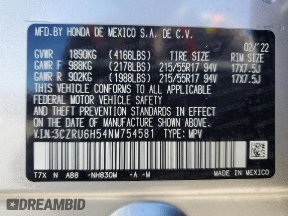2022 Honda HR-V EX with VIN 3CZRU6H54NM754581, listed as a Copart auction lot 45108685 with 70,569 mi miles and Salvage Title. Bid and sale history available at DreamBid. Image 15.
