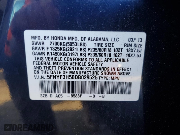 2013 Honda Pilot EX-L with VIN 5FNYF3H50DB029525, listed as a Copart auction lot 83437264 with 187,920 mi miles and Salvage Title. Bid and sale history available at DreamBid. Image 13.