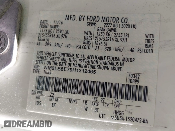 2017 Ford Transit Connect XL with VIN NM0LS6E79H1312465, listed as a IAAI auction lot 42037834 with Not provided miles and . Bid and sale history available at DreamBid. Image 9.