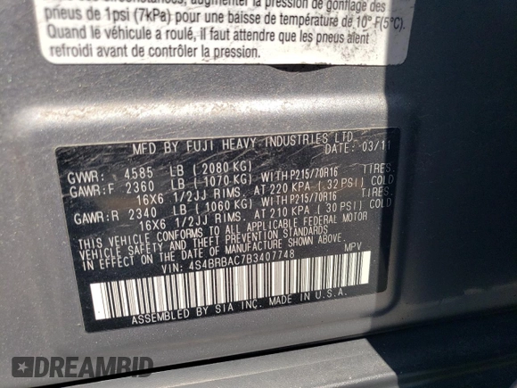 2011 Subaru Outback 2.5i with VIN 4S4BRBAC7B3407748, listed as a Copart auction lot 61662745 with 138,154 mi miles and Salvage title. Bid and sale history available at DreamBid. Image 13.