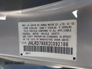 2002 Honda CR-V EX with VIN JHLRD788X2C092186, listed as a IAAI auction lot 42554275 with 228,847 mi miles and . Bid and sale history available at DreamBid. Image 9.
