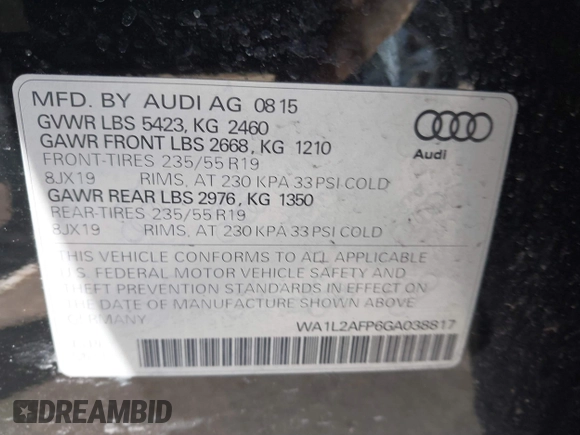 2016 Audi Q5 Premium Plus with VIN WA1L2AFP6GA038817, listed as a IAAI auction lot 41763474 with 75,490 mi miles. Bid and sale history available at carsss.com. Image 9.