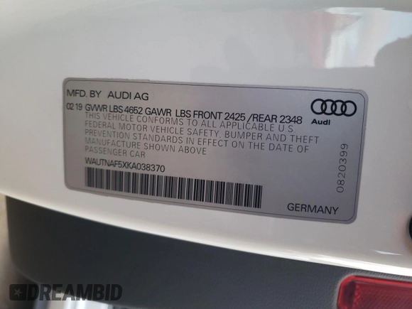 2019 Audi A5 Premium Plus with VIN WAUTNAF5XKA038370, listed as a Copart auction lot 79725944 with 76,009 mi miles and Salvage Title. Bid and sale history available at DreamBid. Image 12.