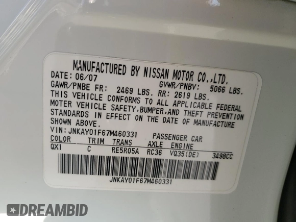 2007 Infiniti M x with VIN JNKAY01F67M460331, listed as a Copart auction lot 54902335 with 142,566 mi miles and Salvage Title. Bid and sale history available at DreamBid. Image 12.