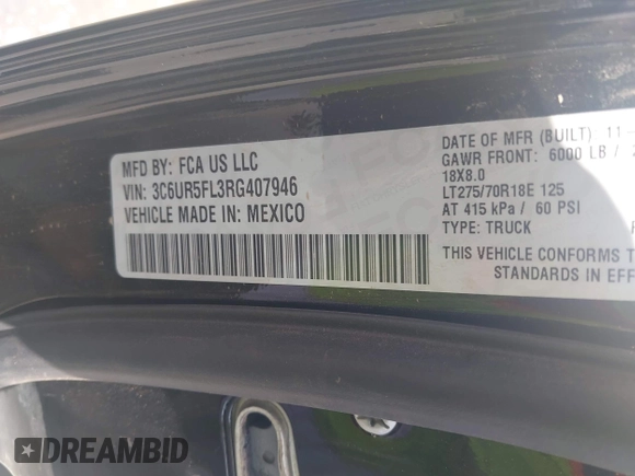 2024 Ram 2500 Laramie с VIN 3C6UR5FL3RG407946, выставлен на аукционе IAAI как лот 42177168 с пробегом 656 миль миль и . История ставок и продаж доступна на DreamBid. Изображение 9.