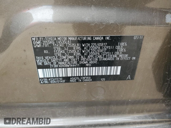 2011 Toyota RAV4 with VIN 2T3BF4DV0BW144411, listed as a Copart auction lot 53312525 with 175,245 mi miles and Clean Title. Bid and sale history available at carsss.com. Image 13.