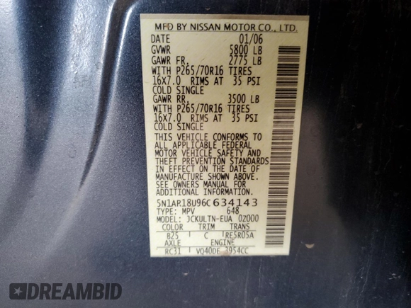 2006 Nissan Pathfinder SE z VIN 5N1AR18U96C634143, wystawiony jako Copart lot #53096475 z przebiegiem 143 959 mil mil oraz Czysty tytuł • Clean title. Historia ofert i sprzedaży dostępna na DreamBid. Obrazek 13.