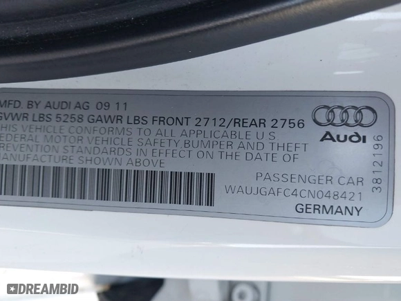 2012 Audi A6 3.0T Prestige with VIN WAUJGAFC4CN048421, listed as a IAAI auction lot 41700421 with 117,530 mi miles. Bid and sale history available at carsss.com. Image 9.