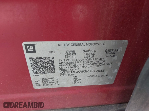 2019 Chevrolet Traverse LT Cloth with VIN 1GNERGKW3KJ317815, listed as a IAAI auction lot 42139041 with 95,715 mi miles and . Bid and sale history available at DreamBid. Image 9.