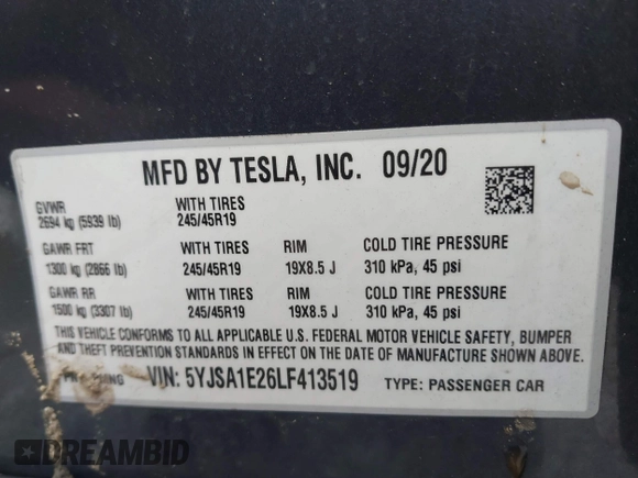 2020 Tesla Model S Long Range z VIN 5YJSA1E26LF413519, wystawiony jako IAAI lot #41742512 z przebiegiem 40 765 mil mil oraz . Historia ofert i sprzedaży dostępna na DreamBid. Obrazek 9.