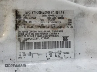 2000 Ford Explorer with VIN 1FMYU60X3YUA72785, listed as a Copart auction lot 61815325 with 184,643 mi miles and Clean title. Bid and sale history available at DreamBid. Image 13.
