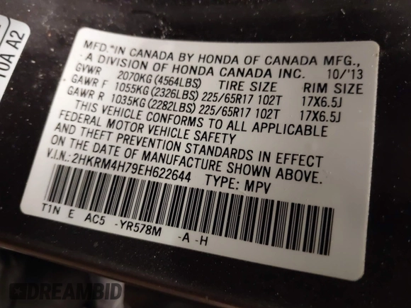 2014 Honda CR-V EX-L with VIN 2HKRM4H79EH622644, listed as a IAAI auction lot 41633683 with 172,629 mi miles. Bid and sale history available at carsss.com. Image 9.
