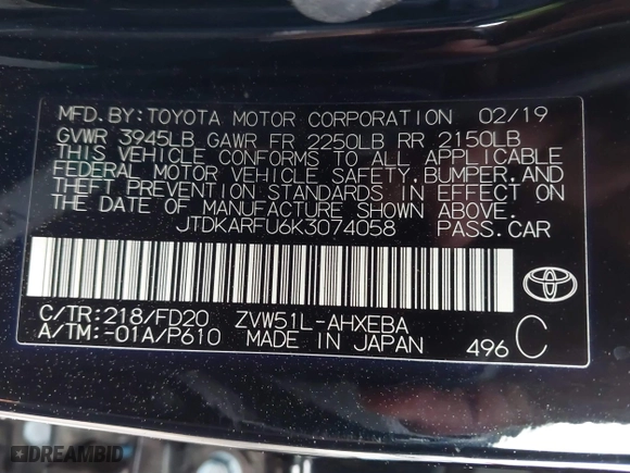 2019 Toyota Prius L Eco with VIN JTDKARFU6K3074058, listed as a IAAI auction lot 41741499 with 70,834 mi miles. Bid and sale history available at carsss.com. Image 9.