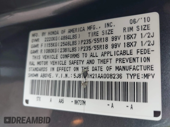 2010 Acura RDX with VIN 5J8TB1H21AA008236, listed as a IAAI auction lot 41664609 with 136,394 mi miles. Bid and sale history available at carsss.com. Image 9.