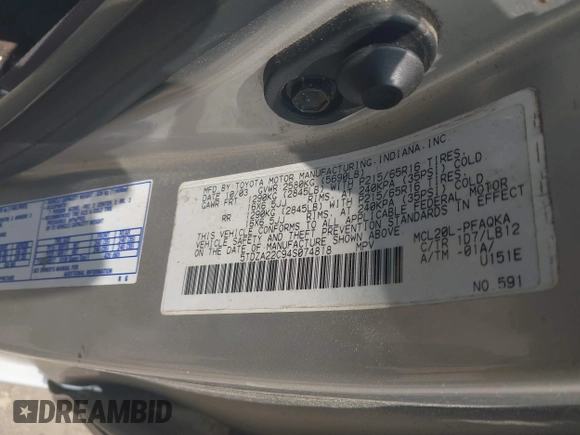 2004 Toyota Sienna XLE with VIN 5TDZA22C94S074818, listed as a IAAI auction lot 42444765 with Not provided miles and . Bid and sale history available at DreamBid. Image 9.