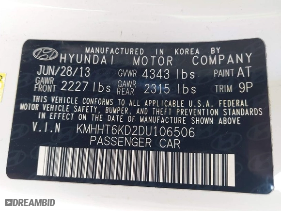 2013 Hyundai Genesis Coupe 2.0T R-Spec with VIN KMHHT6KD2DU106506, listed as a IAAI auction lot 41611021 with 126,926 mi miles. Bid and sale history available at carsss.com. Image 9.