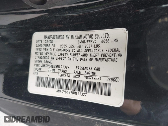 2008 Infiniti G37 Journey with VIN JNKCV64E78M121327, listed as a IAAI auction lot 42118783 with Not Provided miles and . Bid and sale history available at carsss.com. Image 9.